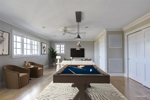 Billiard Table, Game Room, Interior, Pendant Lights, Recessed Lighting, Wood Texture Flooring