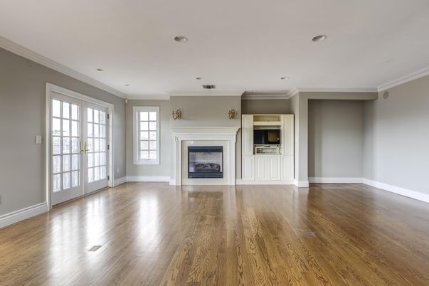 Empty room, Fireplace, Interior, Recessed Lighting, Wood Texture Flooring