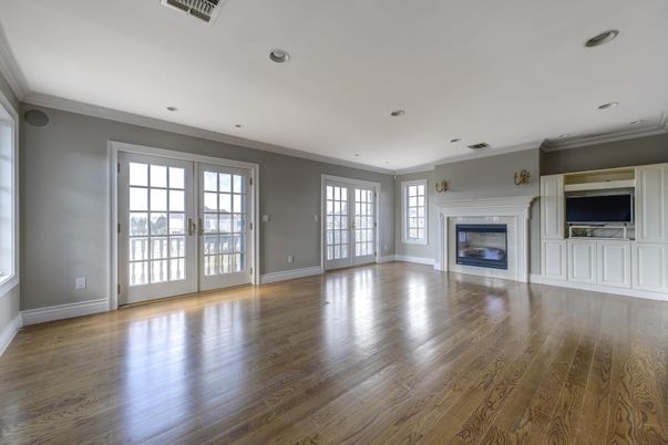 Empty room, Fireplace, Interior, Recessed Lighting, Wood Texture Flooring