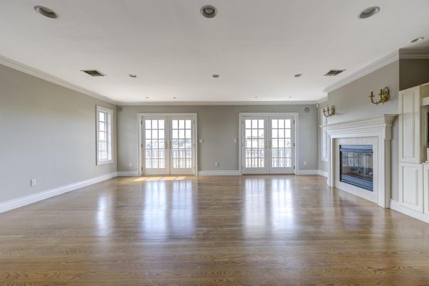 Empty room, Fireplace, Interior, Recessed Lighting, Wood Texture Flooring