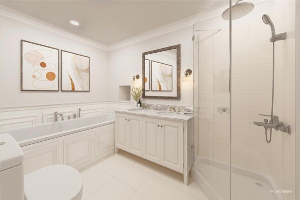Bathroom, Dual Sink Vanities, Glass Shower, Interior, Recessed Lighting