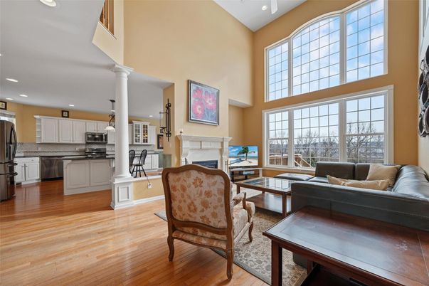Dining room, Fireplace, Interior, Kitchen, Living room, Pendant Lights, Recessed Lighting, Stainless Steel Appliances, Wood Texture Flooring