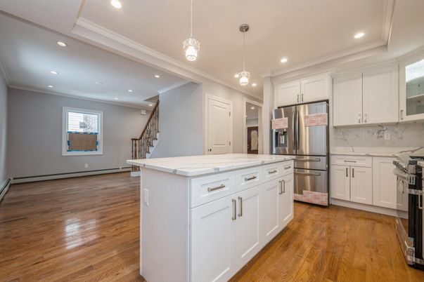 Interior, Kitchen, Pendant Lights, Recessed Lighting, Stainless Steel Appliances, Wood Texture Flooring