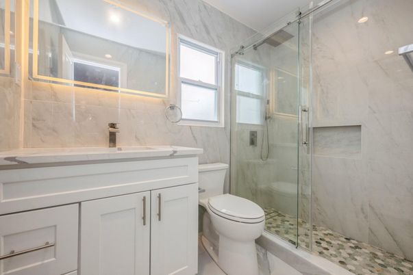 Bathroom, Glass Shower, Interior, Marble Walls, Recessed Lighting