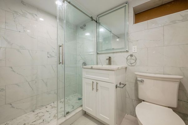 Bathroom, Glass Shower, Interior, Marble Walls, Recessed Lighting