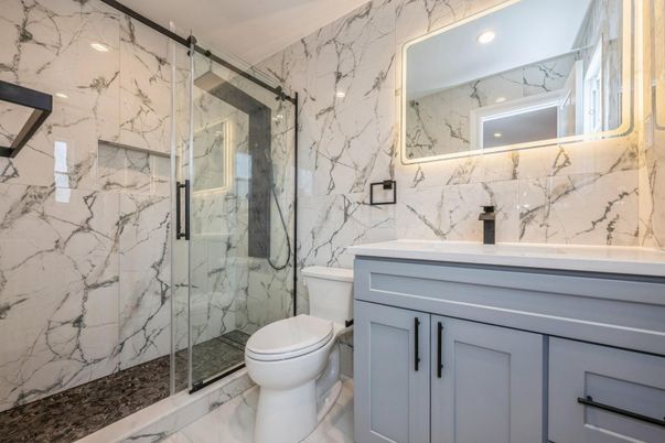 Bathroom, Glass Shower, Interior, Marble, Marble Walls, Recessed Lighting