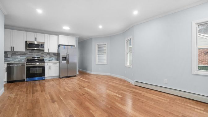 Interior, Kitchen, Recessed Lighting, Stainless Steel Appliances, Wood Texture Flooring