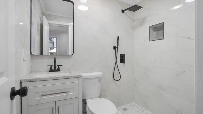 Bathroom, Interior, Marble Walls, Recessed Lighting
