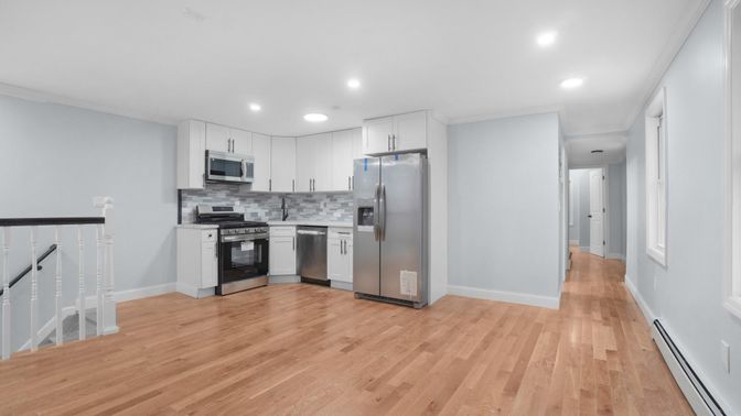Interior, Kitchen, Recessed Lighting, Stainless Steel Appliances, Wood Texture Flooring