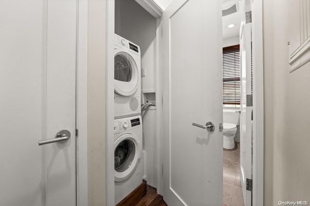 Bathroom, Interior, Recessed Lighting, Utility Closets, Washer, Wood Texture Flooring