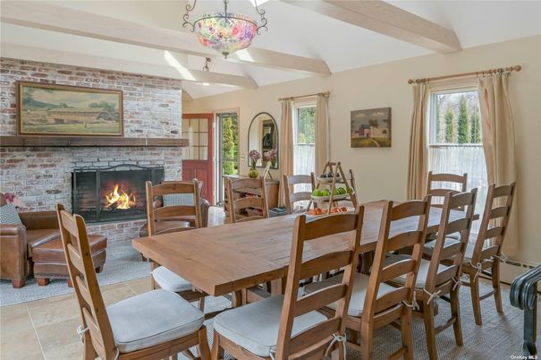 Dining room, Fireplace, Interior, Living room, Stone Walls, Wooden Beams