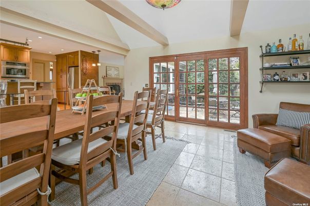 Dining room, Fireplace, Interior, Kitchen, Recessed Lighting, Stainless Steel Appliances, Wooden Beams