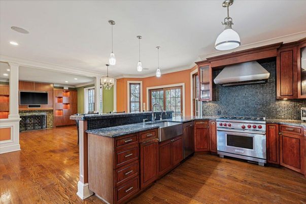 Fireplace, Interior, Kitchen, Pendant Lights, Recessed Lighting, Stainless Steel Appliances, Wood Texture Flooring