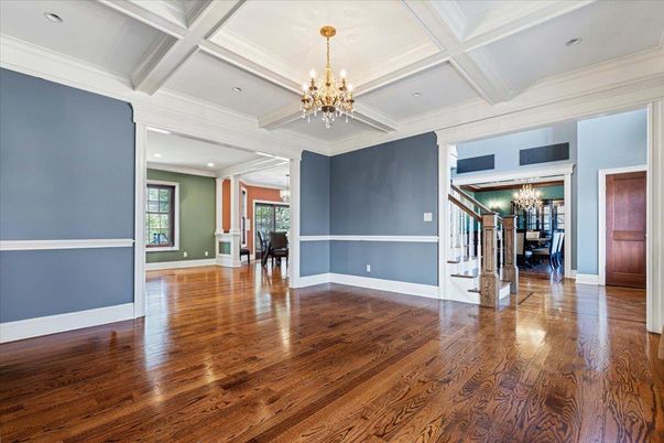 Chandelier, Empty room, Interior, Recessed Lighting, Wood Texture Flooring