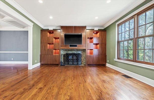 Empty room, Fireplace, Interior, Recessed Lighting, Wood Texture Flooring, Wooden Walls