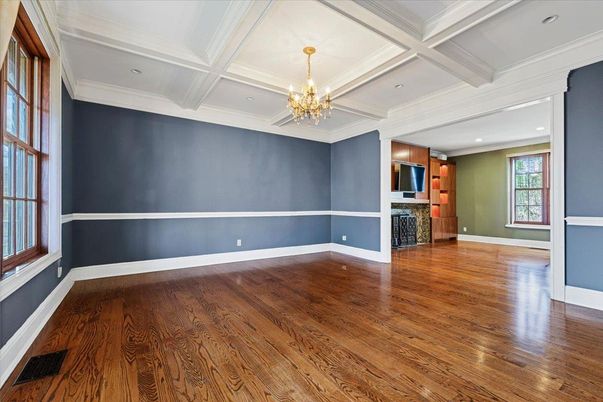 Chandelier, Empty room, Fireplace, Interior, Recessed Lighting, Wood Texture Flooring