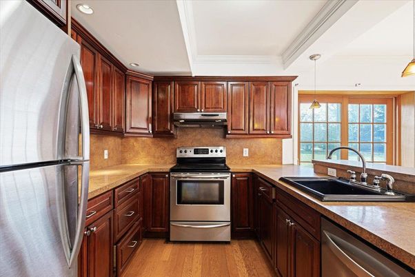 Interior, Kitchen, Pendant Lights, Recessed Lighting, Stainless Steel Appliances, Wood Texture Flooring