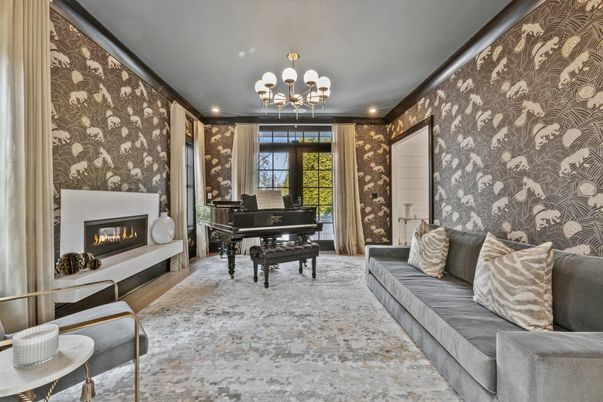 Chandelier, Fireplace, Interior, Living room, Piano, Recessed Lighting