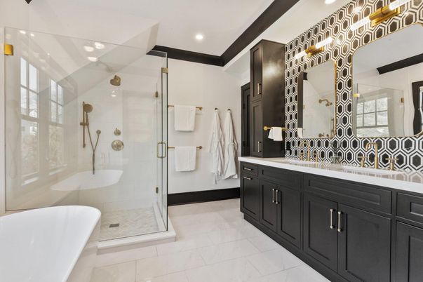Bathroom, Dual Sink Vanities, Free Standing Baths, Glass Shower, Interior, Marble, Recessed Lighting