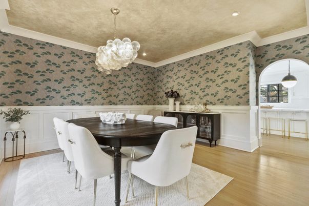 Dining room, Interior, Pendant Lights, Recessed Lighting, Wood Texture Flooring