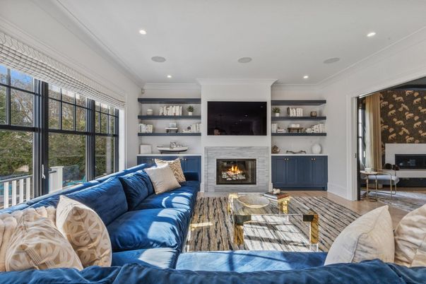 Fireplace, Interior, Living room, Recessed Lighting, Wood Texture Flooring