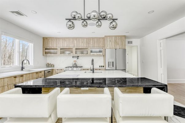 Interior, Kitchen, Marble Walls, Pendant Lights, Recessed Lighting, Wood Texture Flooring