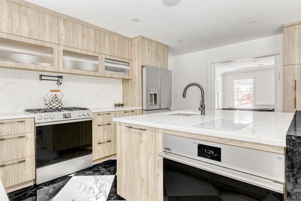 Interior, Kitchen, Marble, Marble Walls, Recessed Lighting, Stainless Steel Appliances