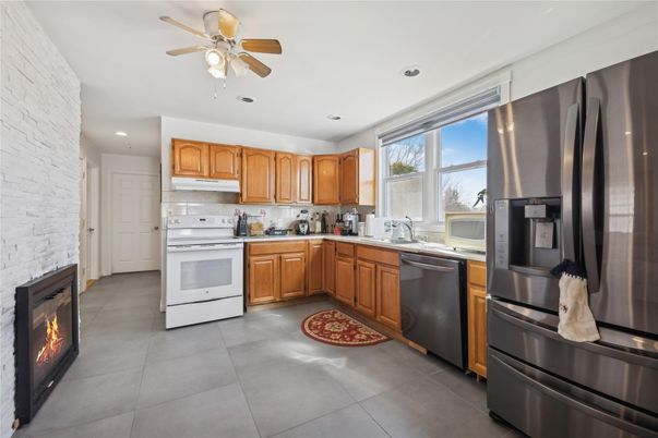 Fireplace, Interior, Kitchen, Recessed Lighting, Stone Walls