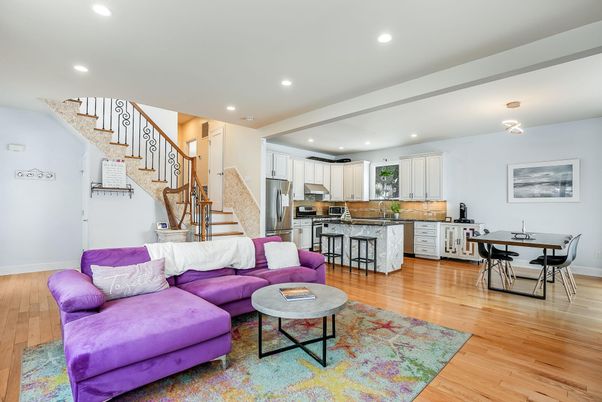 Dining room, Interior, Kitchen, Living room, Recessed Lighting, Stainless Steel Appliances, Wood Texture Flooring