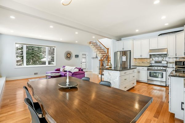 Dining room, Interior, Kitchen, Living room, Recessed Lighting, Stainless Steel Appliances, Wood Texture Flooring