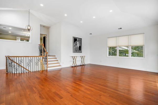 Empty room, Interior, Pendant Lights, Recessed Lighting, Wood Texture Flooring