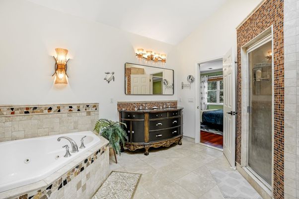Bathroom, Glass Shower, Interior, Wood Texture Flooring