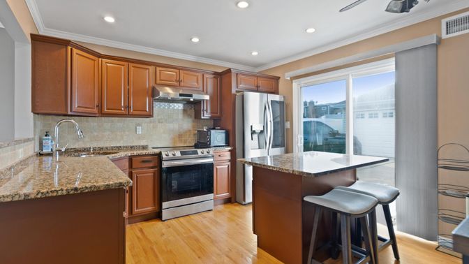 Interior, Kitchen, Recessed Lighting, Stainless Steel Appliances, Wood Texture Flooring