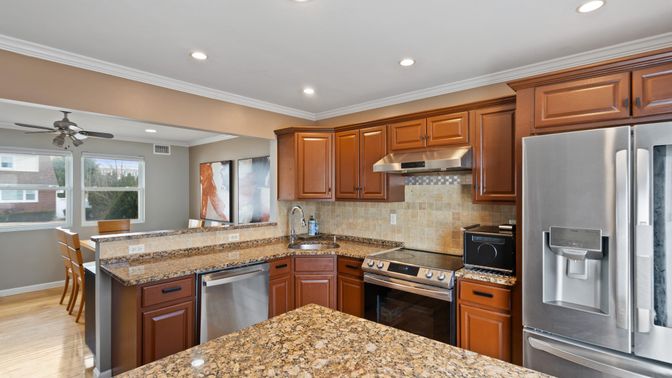 Interior, Kitchen, Recessed Lighting, Stainless Steel Appliances, Wood Texture Flooring