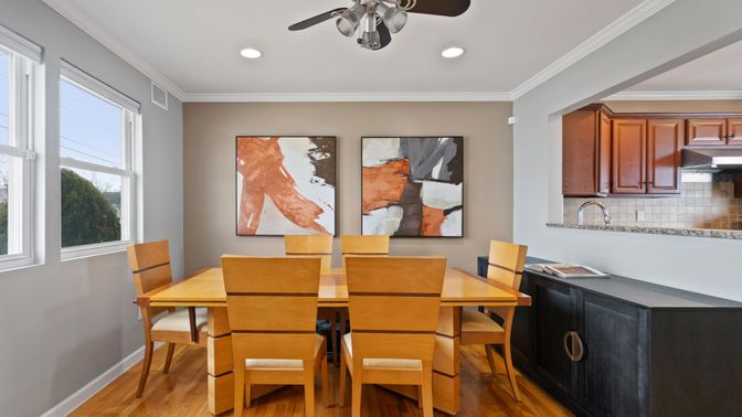 Dining room, Interior, Recessed Lighting, Wood Texture Flooring