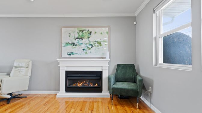 Fireplace, Interior, Recessed Lighting, Wood Texture Flooring