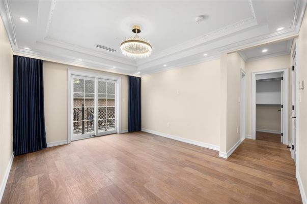 Chandelier, Empty room, Interior, Recessed Lighting, Wood Texture Flooring