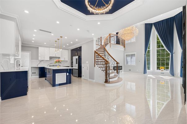 Interior, Kitchen, Marble Walls, Pendant Lights, Recessed Lighting, Stainless Steel Appliances