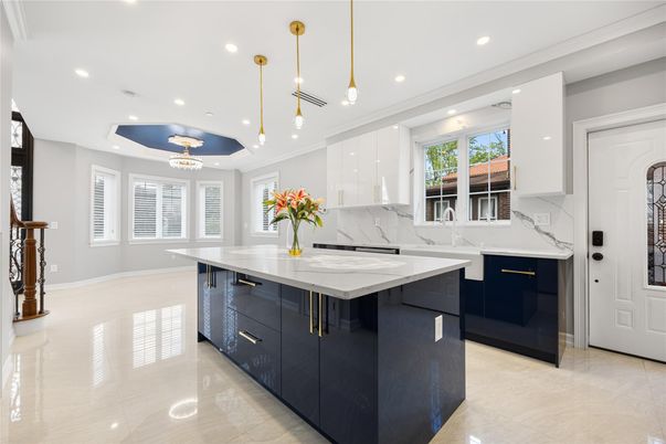 Interior, Kitchen, Marble Walls, Pendant Lights, Recessed Lighting