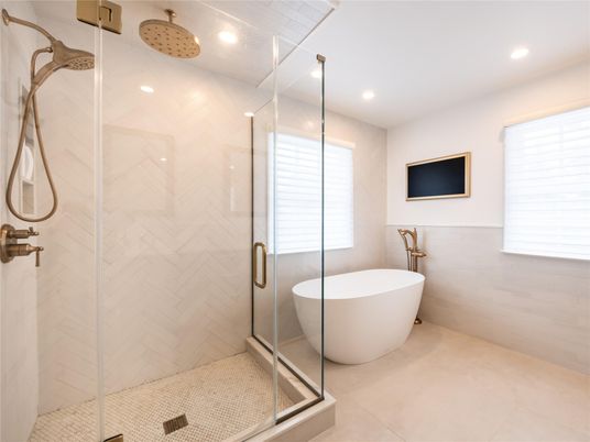 Bathroom, Free Standing Baths, Glass Shower, Interior, Marble Walls, Recessed Lighting