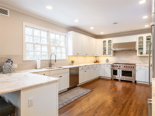 Interior, Kitchen, Recessed Lighting, Stainless Steel Appliances, Wood Texture Flooring