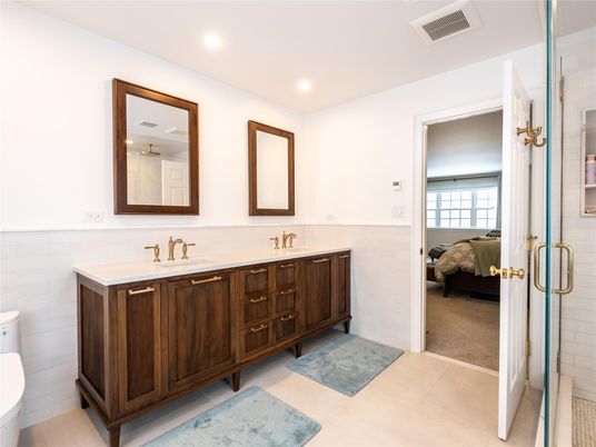 Bathroom, Dual Sink Vanities, Glass Shower, Interior, Recessed Lighting