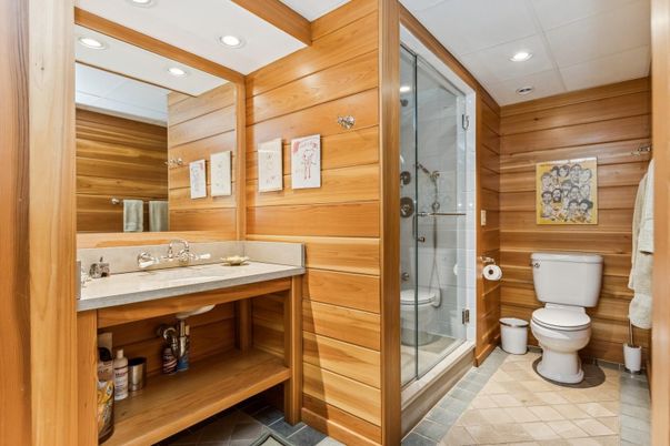 Bathroom, Glass Shower, Interior, Recessed Lighting, Wooden Walls