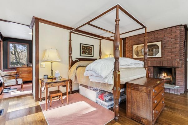 Bedroom, Fireplace, Interior, Stone Walls, Wood Texture Flooring