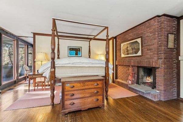 Bedroom, Fireplace, Interior, Stone Walls, Wood Texture Flooring