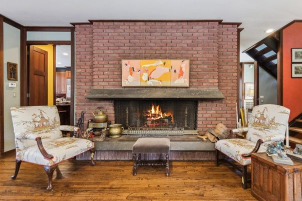 Fireplace, Interior, Recessed Lighting, Stone Walls, Wood Texture Flooring