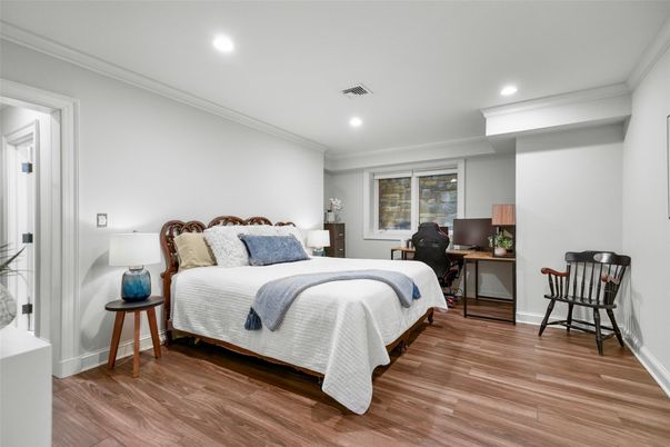 Bedroom, Interior, Recessed Lighting, Wood Texture Flooring