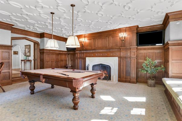 Billiard Table, Fireplace, Game Room, Interior, Pendant Lights, Wooden Walls