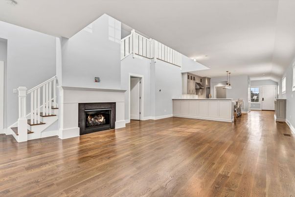 Fireplace, Interior, Pendant Lights, Recessed Lighting, Wood Texture Flooring