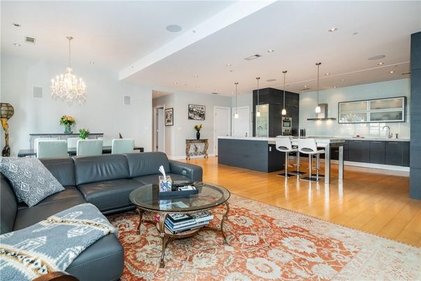 Chandelier, Dining room, Interior, Kitchen, Living room, Pendant Lights, Recessed Lighting, Wood Texture Flooring